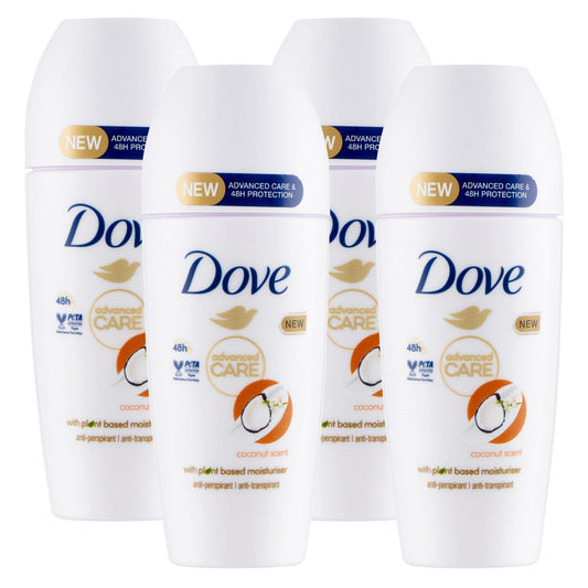 Dove Deodorante Go Fresh Roll-On Cocco Protezione 48h 0% Alcol Antitraspirante Profumo Fresco e Fruttato - 4 Flaconi da 50ml