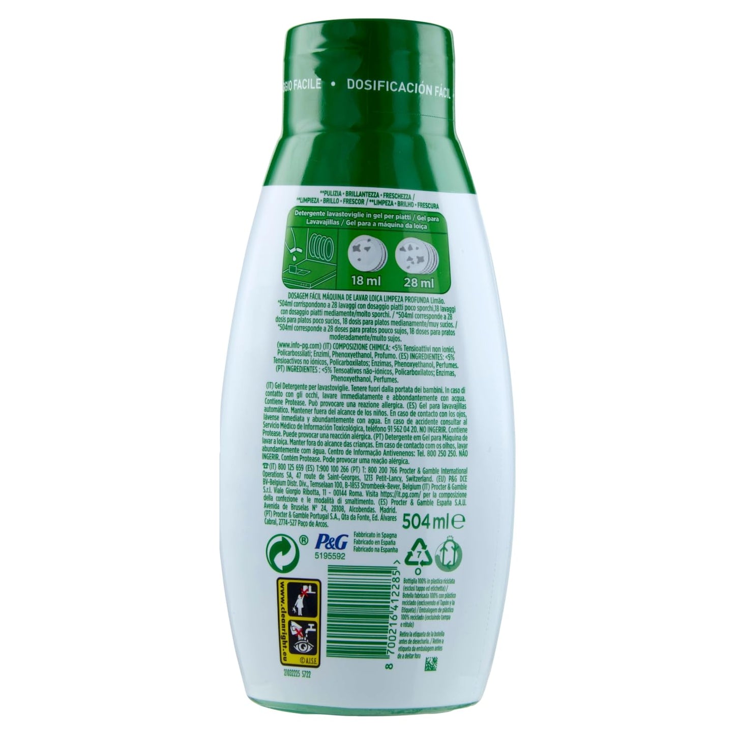 Fairy Gel Lavastoviglie Platinum Pulizia Profonda, Detersivo Piatti Limone 28 Lavaggi 540ml