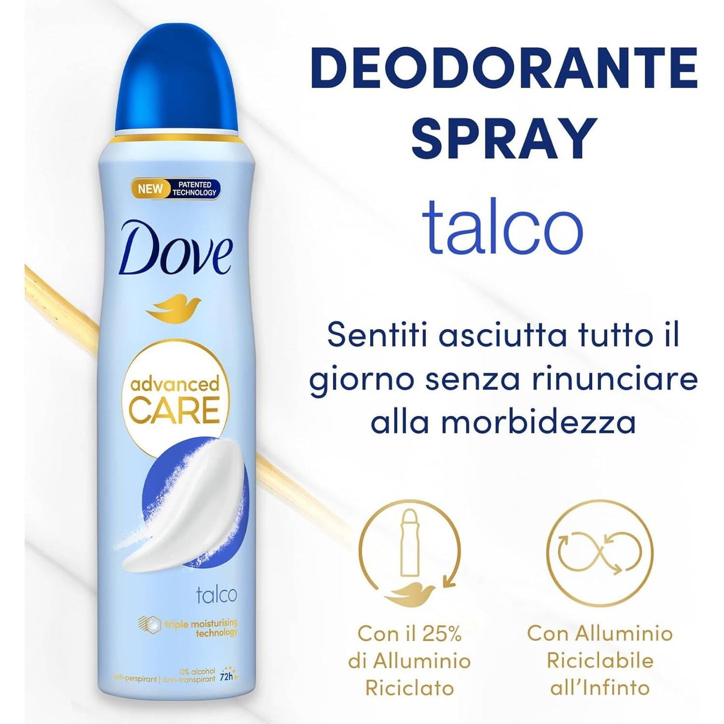 Dove Advanced Care Deodorante Unisex Talco 72H Spray Anti-Trspirante Senza Alcool 150 ml