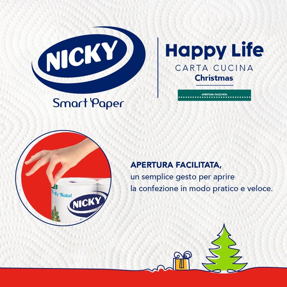 Nicky Happy Life Christmas- Carta a 2 Veli Cucina Natalizia, 24 Rotoli Asciugatutto da 100 Strappi, Apertura Facilitata, 4 decori natalizi diversi, Resistente ed Assorbente, Carta FSC