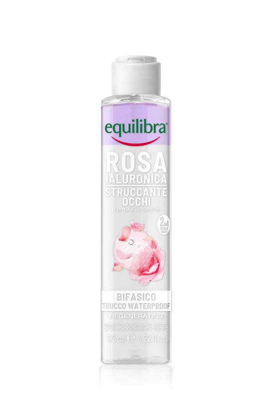 Equilibra, Struccante Occhi Rosa Ialuronica, Struccante Bifasico, Adatto Anche a Trucco Waterproof, con Attivo Forticante Ciglia, Estratto di Rosa Damascena, Acido Ialuronico Medio-Alto Peso, 125ml