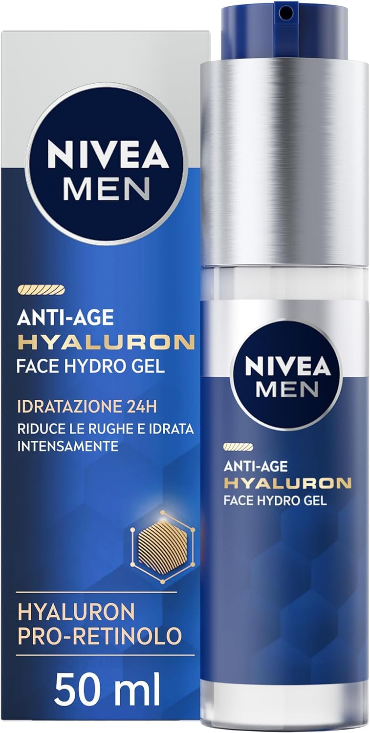 NIVEA MEN Anti-Age Hyaluron Hydro Gel Viso Uomo 50ml, Crema Viso uomo in gel per pelli mature, Crema viso acido ialuronico in gel idratante, rivitalizzante e rinfrescante