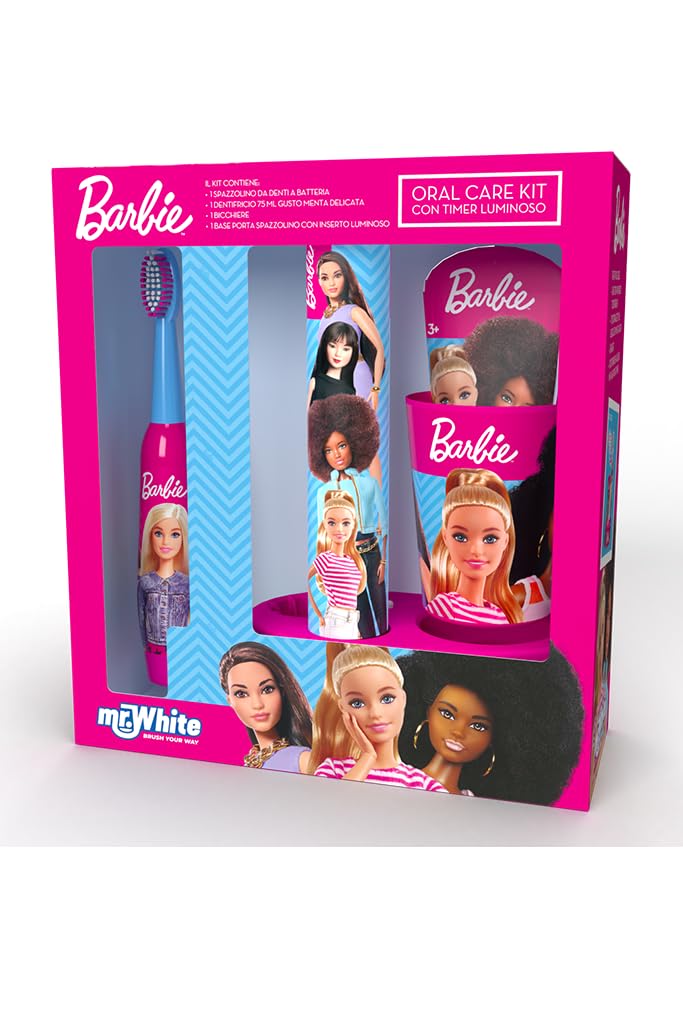 Mr.White realizzato per Barbie - Kit regalo LED per denti, spazzolino turbo alimentato a batteria, dentifricio 75 ml e bicchiere