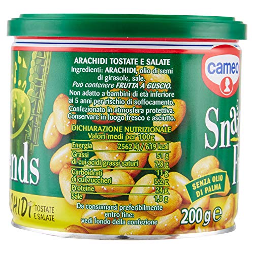Cameo Snack Friends Arachidi 200 g, Arachidi Tostate e Salate per Aperitivo Conservate in una Pratica Lattina con Coperchio Salva Freschezza, Senza Olio di Palma, Vegano, 200 g Complessivi
