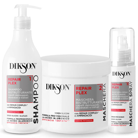 Dikson Repair Plex, Shampoo, Maschera e Spray Ristrutturanti per Capelli Danneggiati, Disidratati e Trattati