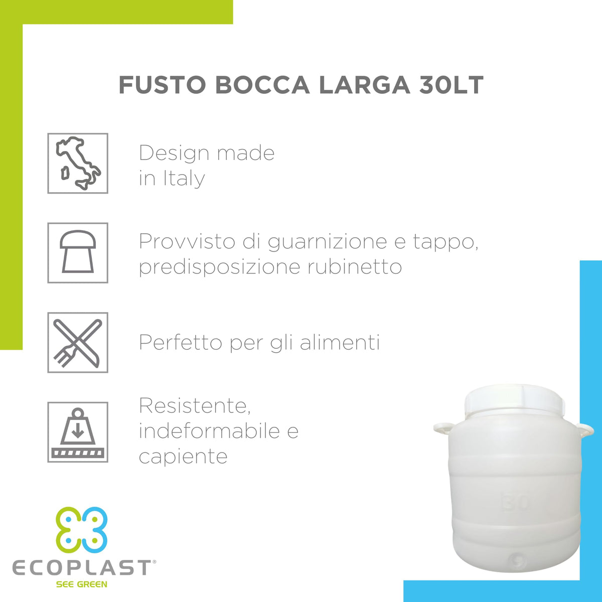 Ecoplast | Fusto in Plastica a Bocca Larga con Guarnizione e Tappo, Rubinetto non Incluso, Capienza 30 Lt, Colore Neutro, ø355x425, Made in Italy