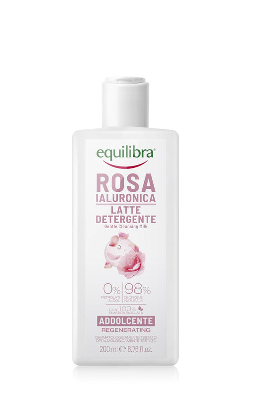 Equilibra, Latte Detergente Rosa Ialuronica, Latte Detergente Viso, Pelli Sensibili, con Estratto di Rosa Damascena, Acido Ialuronico Medio-Alto peso, Olio di Mandorle Dolci, Estratto Camomilla, 200ml
