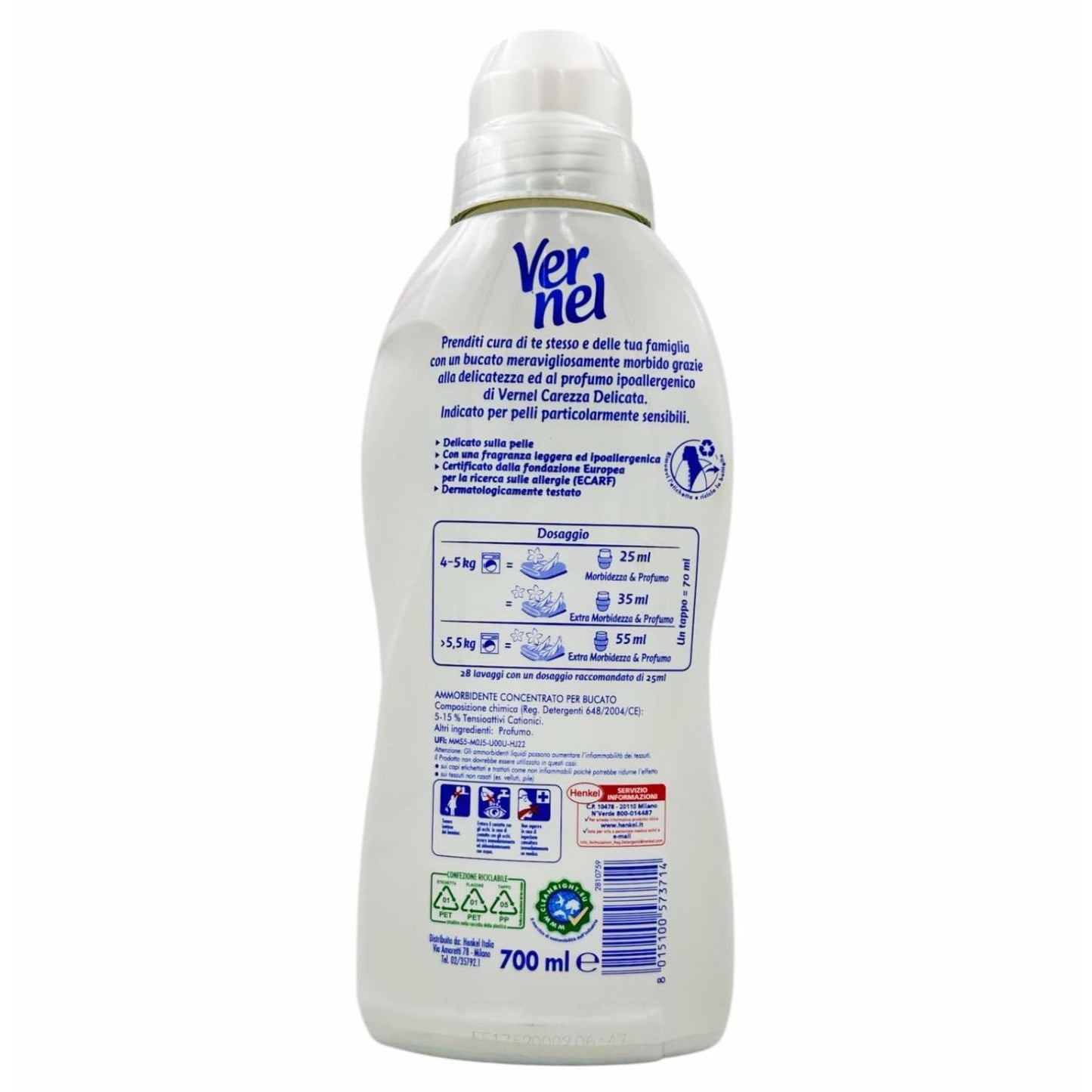 Vernel Carezza Delicata Ammorbidente Concentrato Per Lavatrice Per Pelli Sensibili e Delicate Senza Coloranti 28 Lavaggi 700 ml (2 Unità)