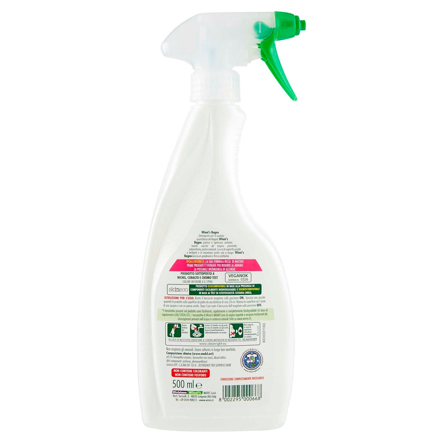 Winni's Naturel Bagno Detergente Spray Senza Risciacquo per Tutte le Superfici Lavabili Ipoallergenico con Materie Prime di Origine Vegetale Completamente Biodegradabili - 4 Flaconi da 500ml