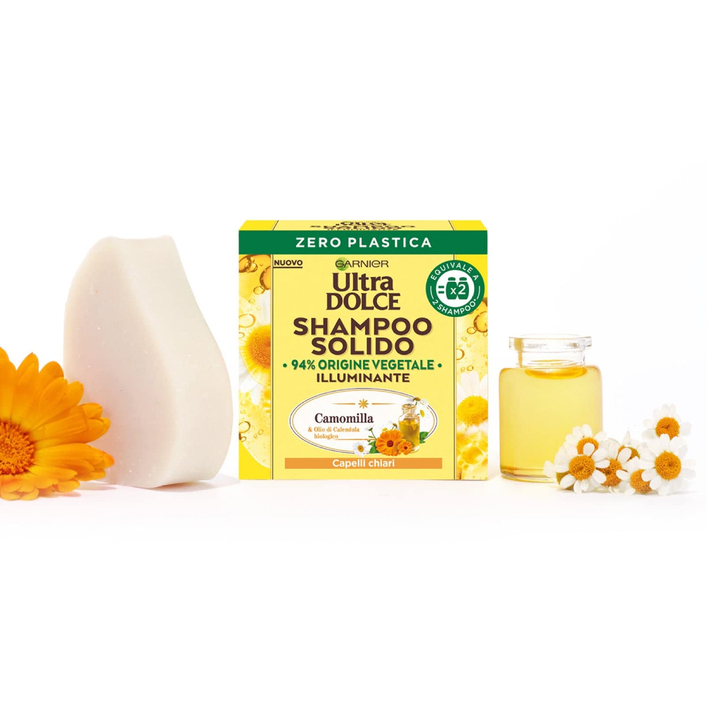 Garnier Ultra Dolce Shampoo Solido Ricostituente Tesori di Miele Capelli Fragili + Shampoo Solido Illuminante Camomilla e Olio di Calendula Biologico Capelli Chiari - 2 Shampoo Solidi da 60g