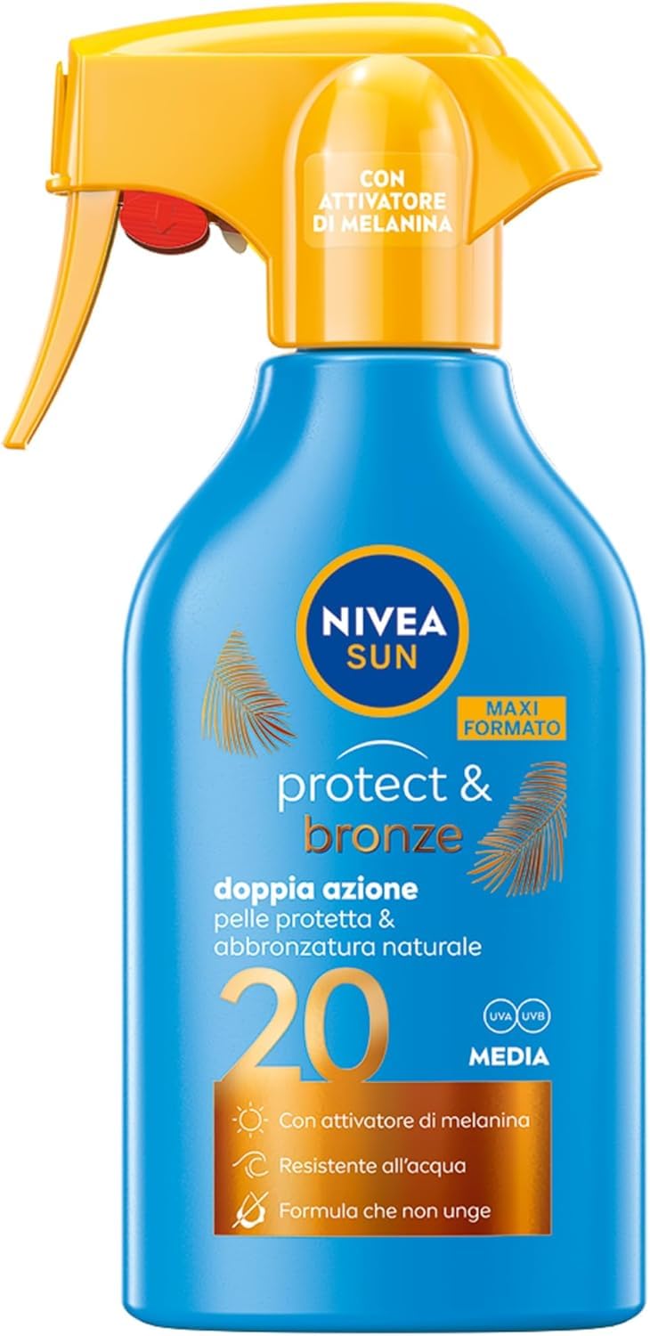 NIVEA SUN Maxi Crema Solare Spray Protect & Bronze FP 20 270 ml, Crema Solare 20 per Un'abbronzatura Dorata, Intensa e Uniforme, Protezione Solare 20 in Pratico flacone in spray