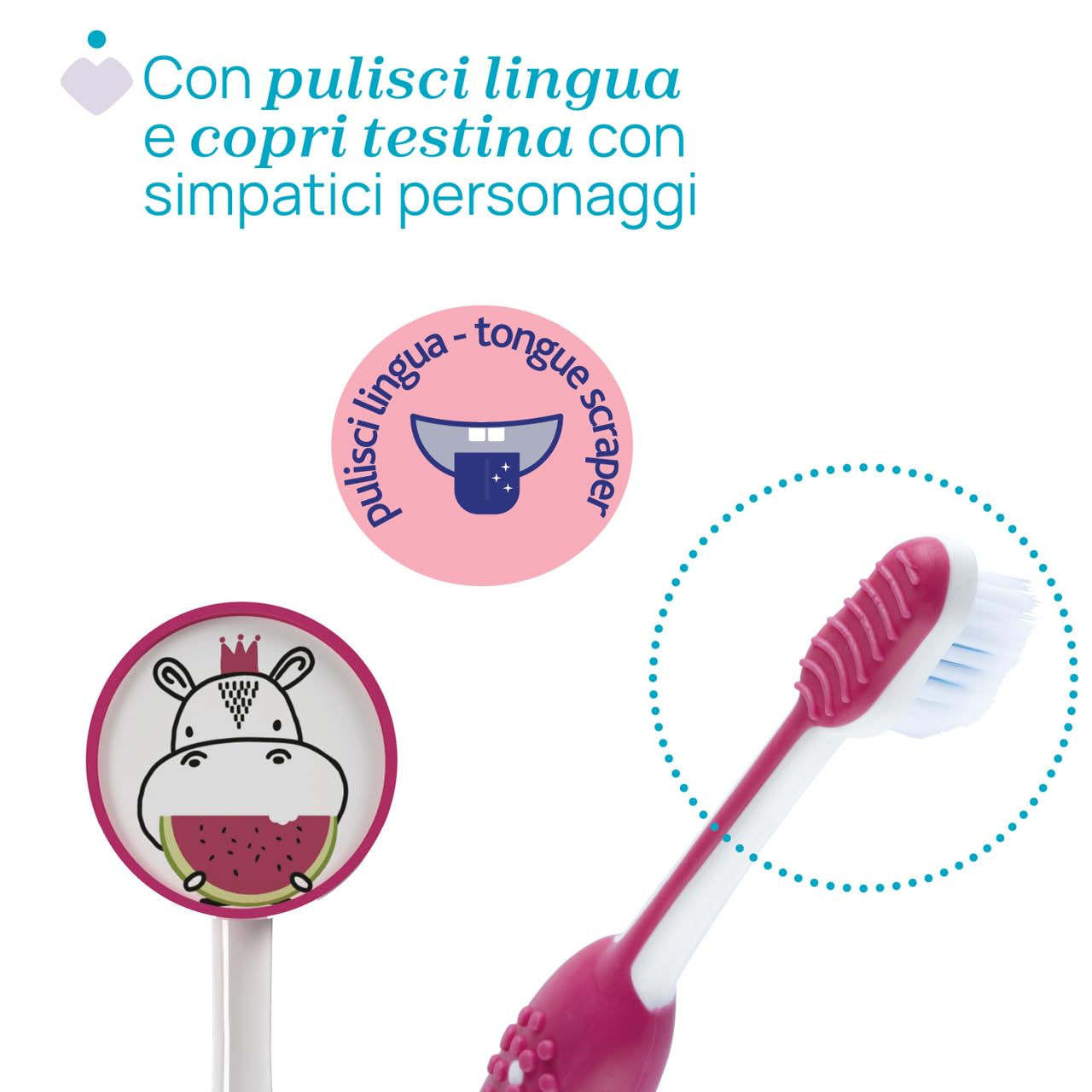 CHICCO | Spazzolino per i denti da latte. Adatto a bambini dai 3 ai 6 anni | Fucsia,Colorazione Femminile, Tema ippopotamo