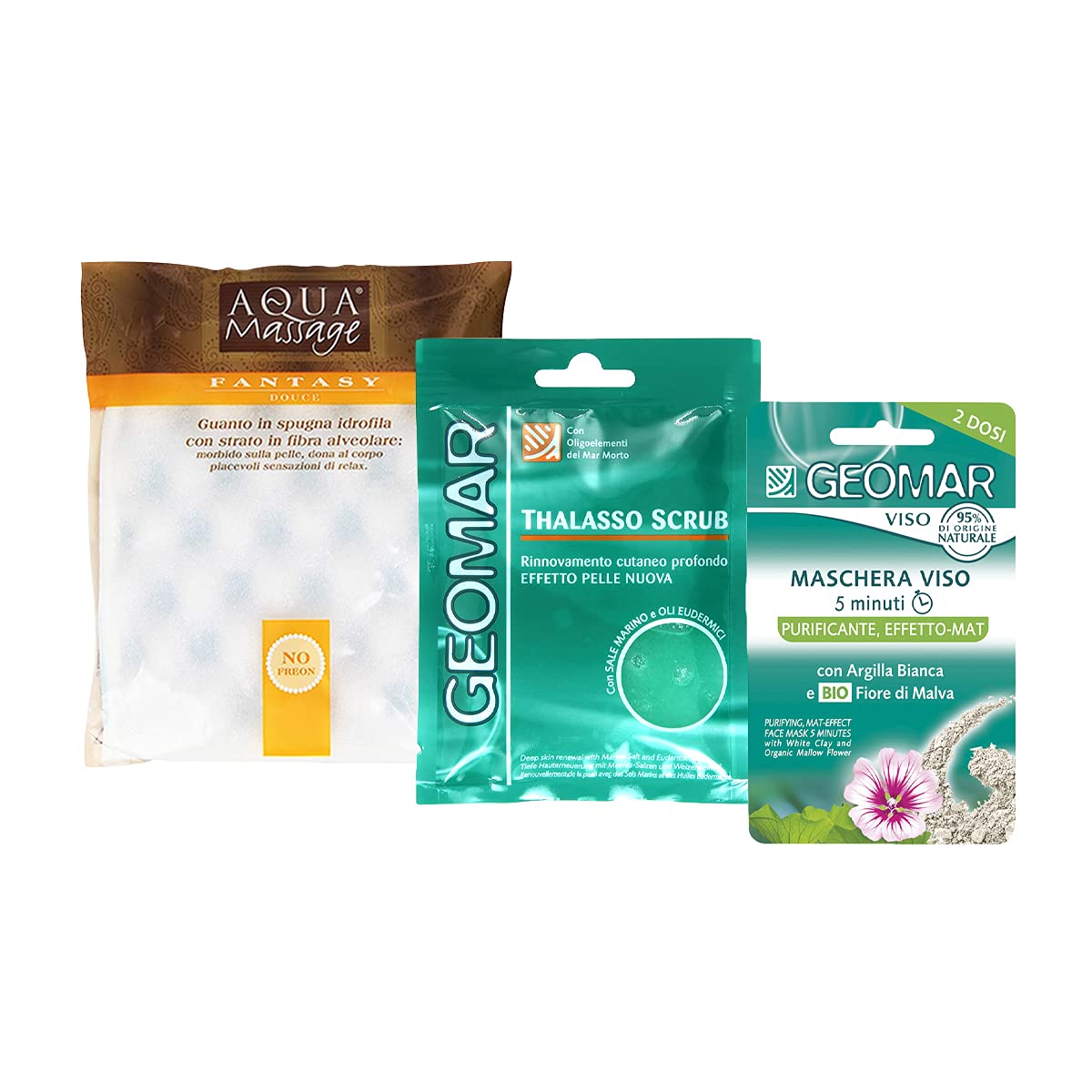 KIT CORPO E VISO: Thalasso Scrub Dermo Levigante Monodose + Maschera Viso Purificante/Effetto-Mat + Guanto in Spugna