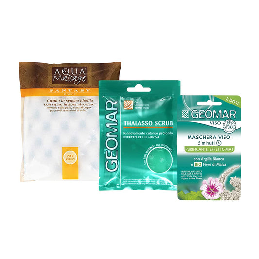 KIT CORPO E VISO: Thalasso Scrub Dermo Levigante Monodose + Maschera Viso Purificante/Effetto-Mat + Guanto in Spugna