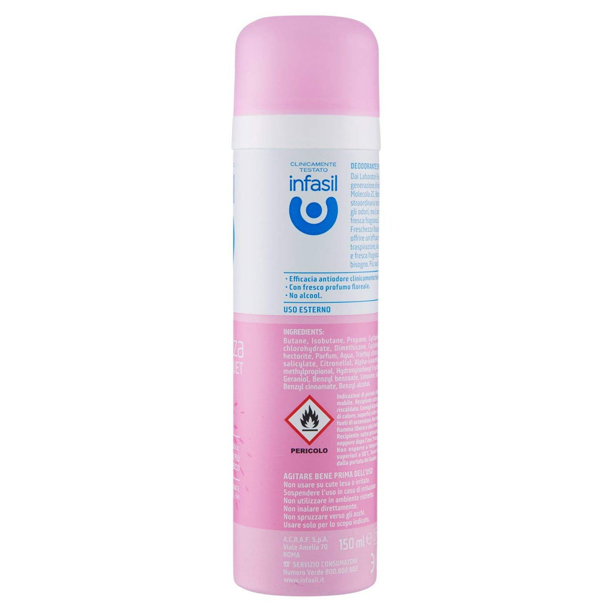 Infasil Deodorante Spray Freschezza Bouquet, Deodorante Donna con Molecola 2C e Betaciclodestrina che Assorbe gli Odori Sgradevoli, Senza Alcol, Efficace Fino a 24h, Profumo Floreale, 150 ml