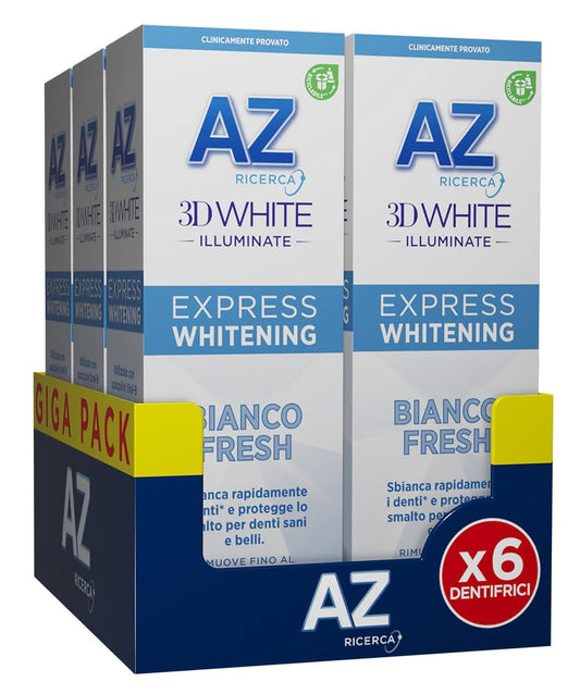 AZ Ricerca DENTIFRICIO 3D White Illuminate Express BIANCO FRESH, SBIANCA Rapidamente, RIMUOVE Fino al 100% delle MACCHIE Superficiali, Confezione da 6 Dentrifrici (6x50ml), Gusto MENTA FRESCA