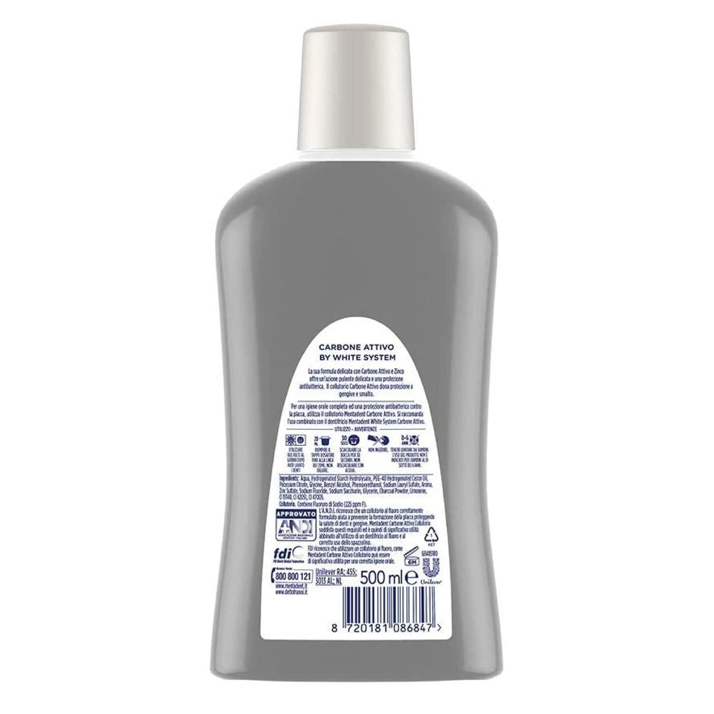 4x Mentadent Collutorio Carbone Attivo White System Sbiancante Zero Alcol con Antibatterico - 4 Flaconi da 500 ml ognuno