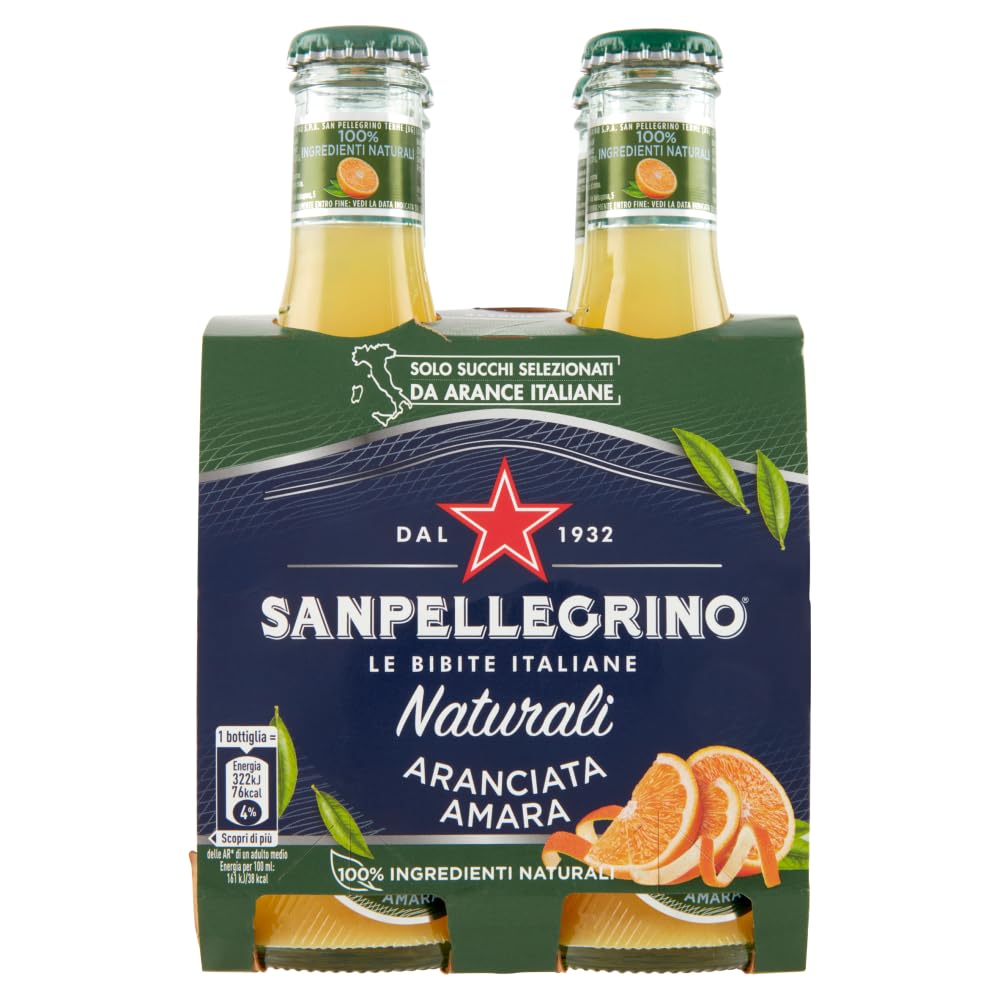 12x San Pellegrino Aranciata Amara Naturali Bevanda Analcolica Rinfrescante con succo di Arancia italiano, Bottiglia di vetro 20cl