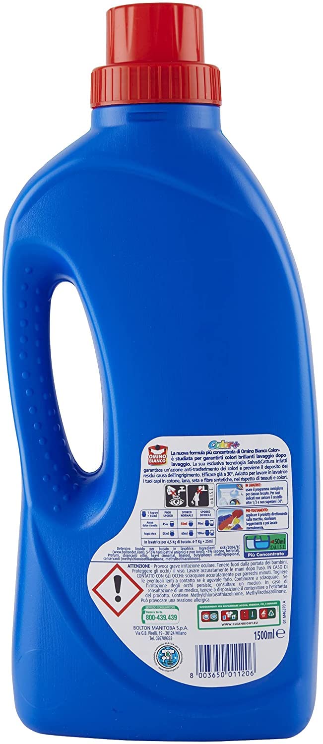 Omino Bianco - Detersivo Lavatrice Liquido Color+, 90 Lavaggi, Specifico per Capi Colorati, Tecnologia Salva i Colori e Cattura il Grigiore, 1500 ml x 3 Confezioni