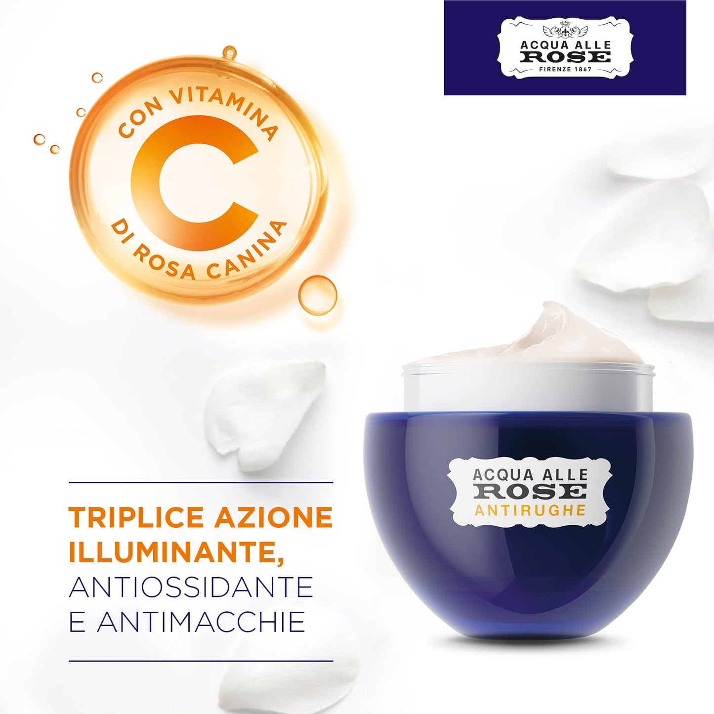 Acqua alle Rose, Crema Viso Illuminante Antirughe con Vitamina C di Rosa Canina e Vitamina C Micellare, Antirughe, Antimacchie, Antiossidante e Illuminante, SPF20, Pelle Elastica e Radiosa - 50 ml