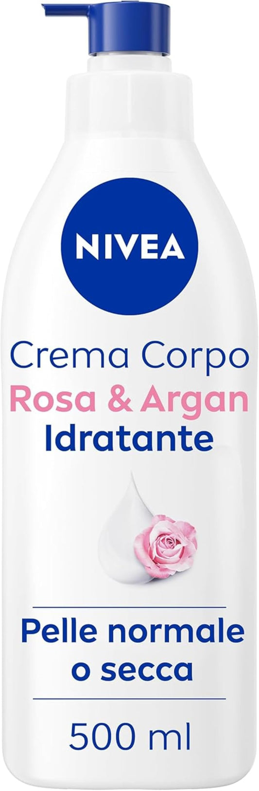 NIVEA Crema Corpo Idratante Rosa & Argan 500 ml, Crema idratante corpo 72h, Crema corpo profumata con Acido Ialuronico Puro e Siero Nutrimento Intenso, Crema corpo idratante pelle secca o normale
