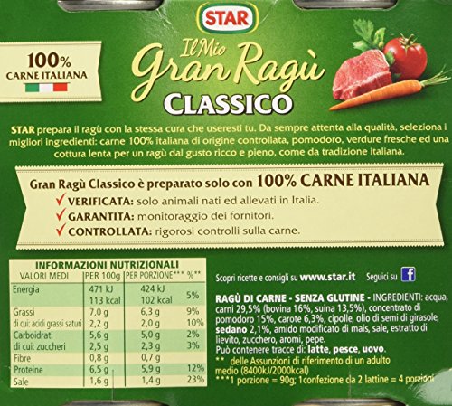 Star - Il Mio Gran Ragù, Classico, 100% Carne Italiana - 3 confezioni da 2 latte da 180 g [1080 g, 6 latte, 12 porzioni]