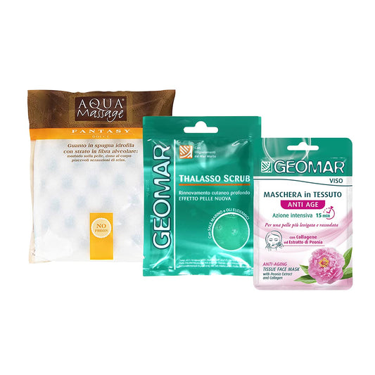 KIT CORPO E VISO: Thalasso Scrub Dermo Levigante Monodose + Maschera Viso in Tessuto Anti Age + Guanto in Spugna