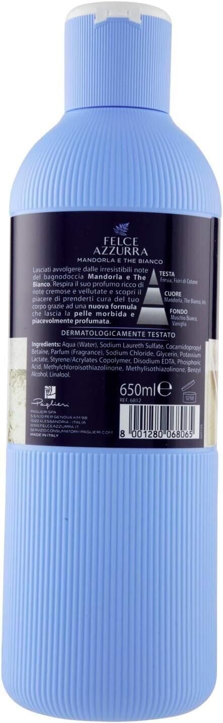 Confezione da 6 pezzi Paglieri Felce Azzurra Bagnodoccia Mandorla e The Bianco, lavaggio corpo a mandorla e tè bianco, gel doccia 650 ml