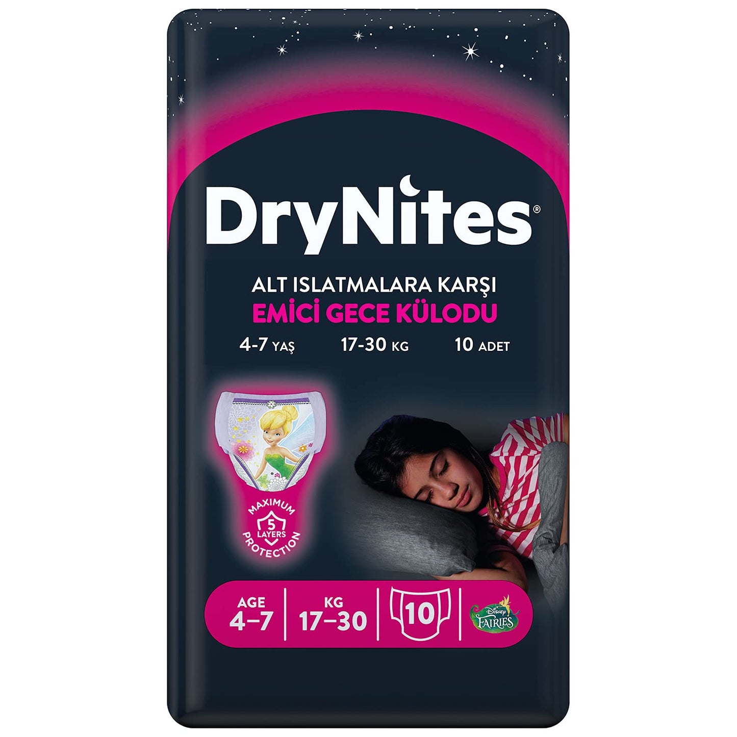 Huggies DryNites - Pannolini da notte ad alta assorbenza, per bambine 4-7 anni, 1 confezione da 10 (17-30 kg)