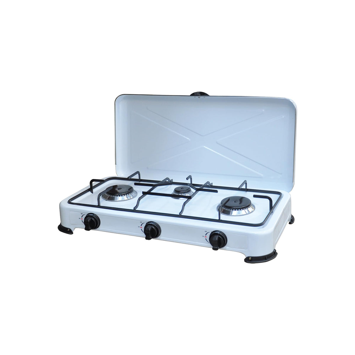 Fornello a Gas GPL Kasart - Potente Bruciatore in Acciaio Inox Leggero e Facile da Trasportare, Struttura in Acciaio Smaltato con Piedini Antisdrucciolo, Ideale per Fornello da campeggio (3 Fuochi)