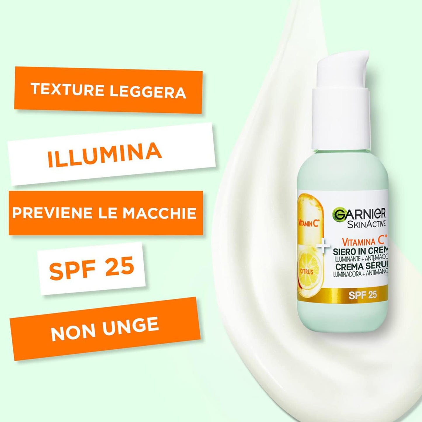 Garnier Siero in Crema Vitamina C SkinActive, 2 in 1 Siero Vitamina C e Crema Idratante SPF25, Anti-Macchie e Illuminante, Non unge, Adatto a Tutti i Tipi di Pelle, 50 ml