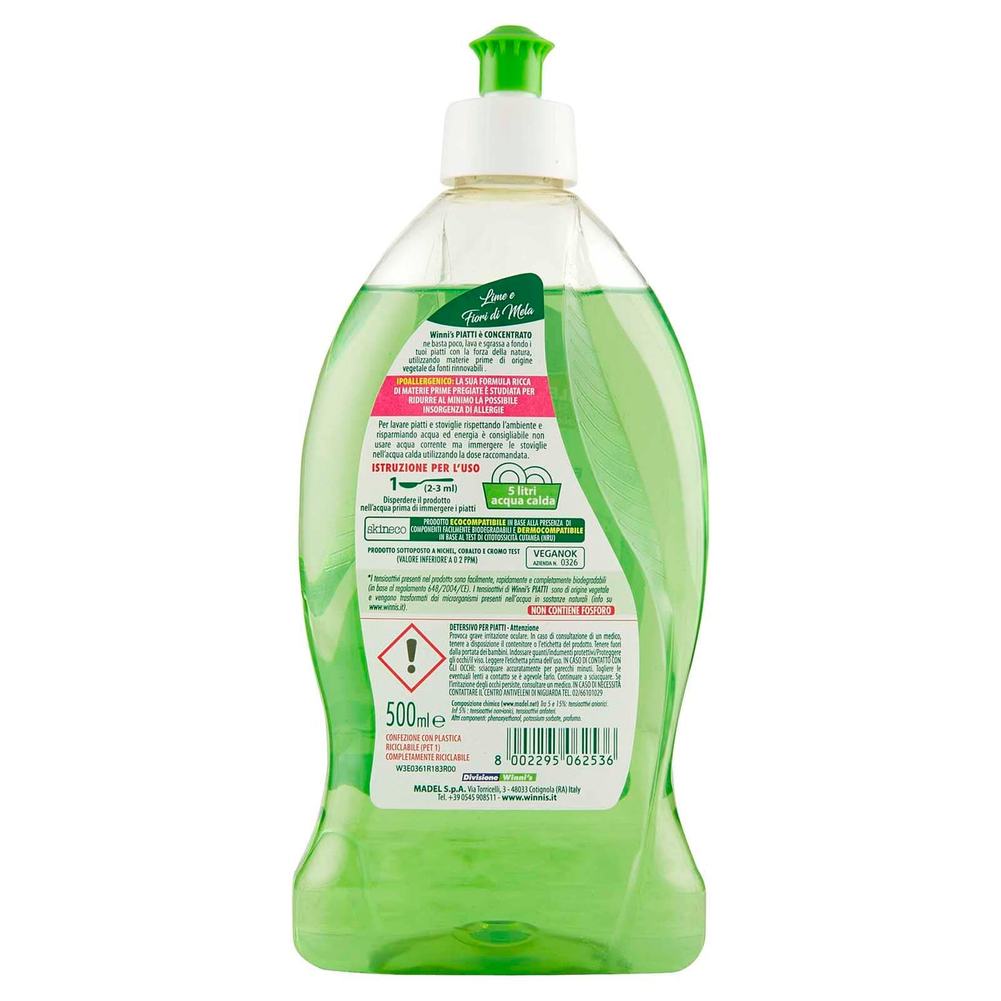 Winni's Naturel Detersivo Concentrato Lavaggio a Mano Piatti e Stoviglie Fragranza Lime Fiori di Mela Ipoallergenico Materie Prime Origine Vegetale Completamente Biodegradabili - 4 Flaconi da 500ml