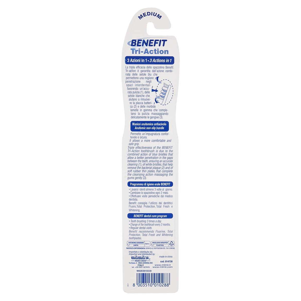 Benefit Clinic Spazzolino Medium Tri-Action, 3 Azioni in 1, Efficace, Flessibile, Ergonomico, Pulizia Completa, Manico Anatomico Antiscivolo - 1 Unità Bianco