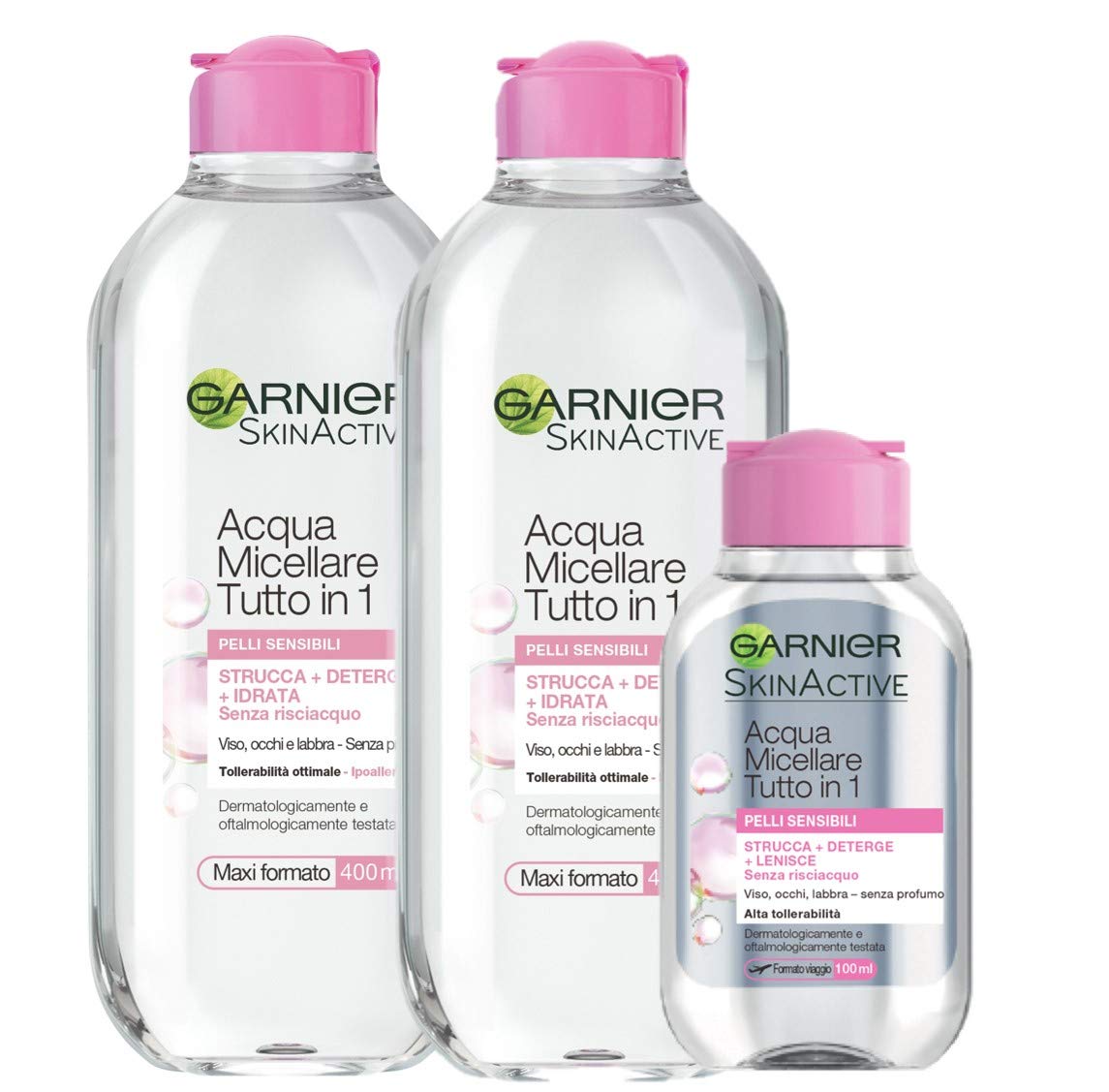 Garnier Kit Acqua Micellare Tutto in 1, Strucca, Deterge e Idrata senza Risciaquo, 2 Micellari 400 ml + Mini Micellare 100 ml, Confezione da 3