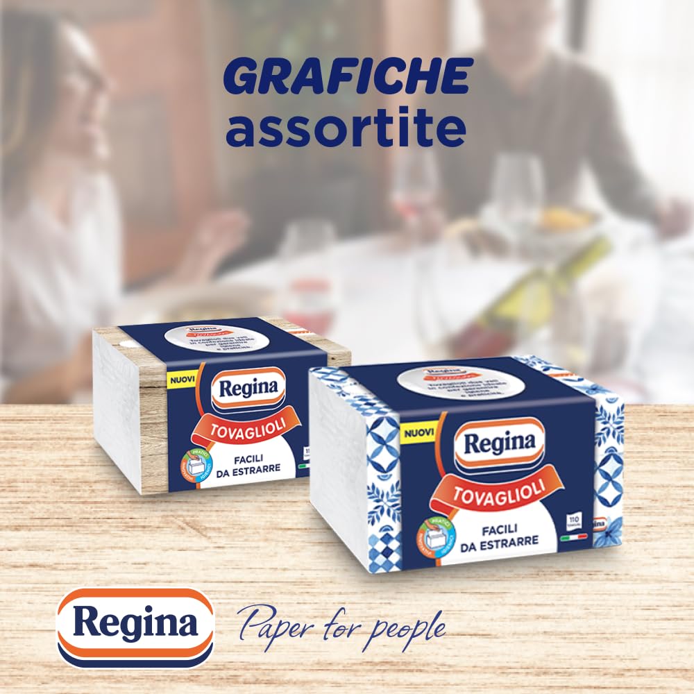 Regina Tovaglioli Interfogliati – Confezione da 110 Tovaglioli a 2 Veli, Pratici e Facili da Usare, 100% Pura Cellulosa, Confezione Dispenser in Plastica Riciclata, Certificata