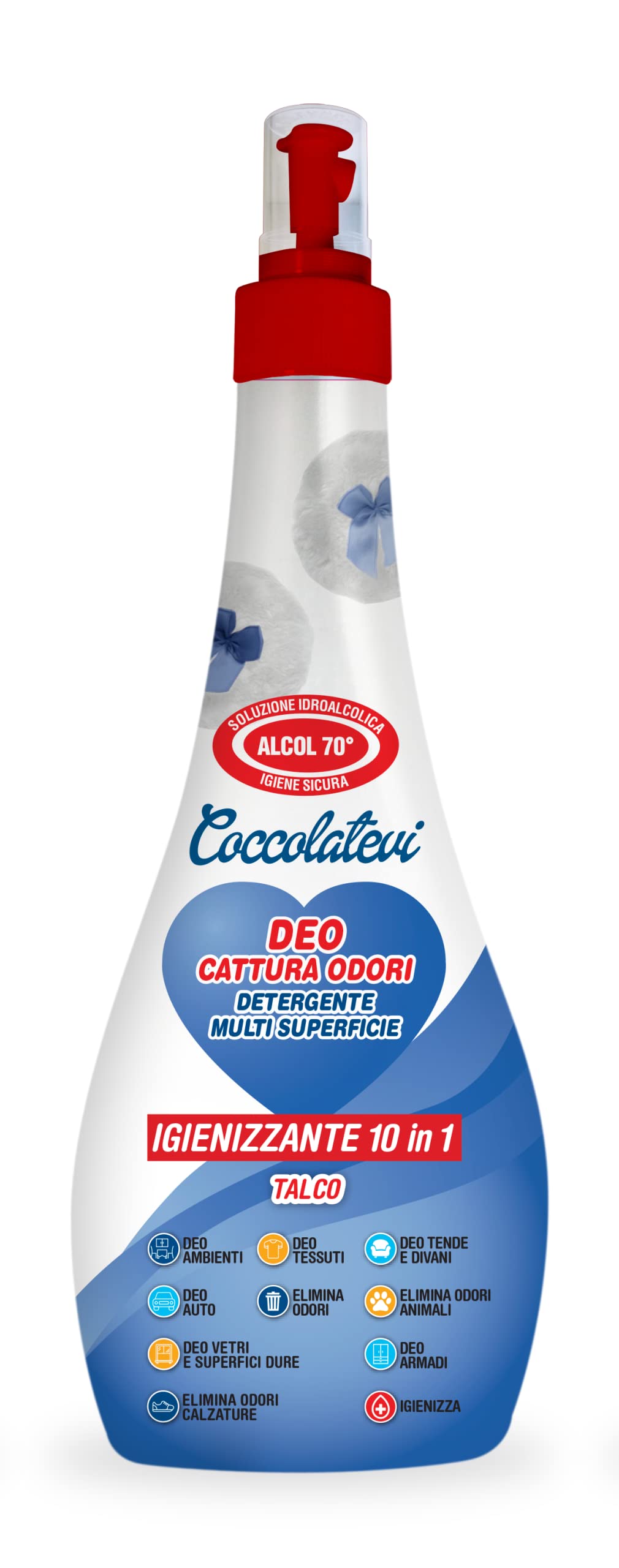 COCCOLATEVI Deo 10 in 1 Talco 300 ml Cattura Odori, Detergente Igienizzante Multi Superficie con Alcol 50°, Igienizza, Pulisce, Deodora e Profuma