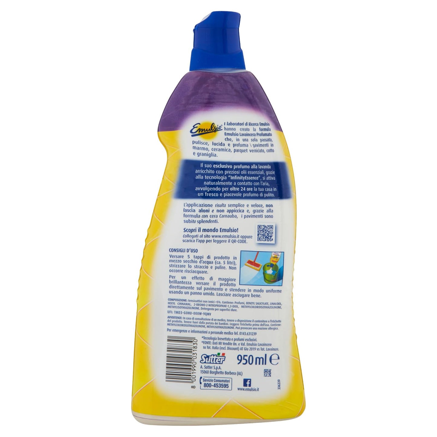 Emulsio Lavaincera Profumato Detergente Lava e Lucida Pavimenti in Marmo Ceramica Cotto Graniglia con Cera di Carnuaba e Oli Essenziali alla Lavanda - 8 Flaconi da 950ml ognuno