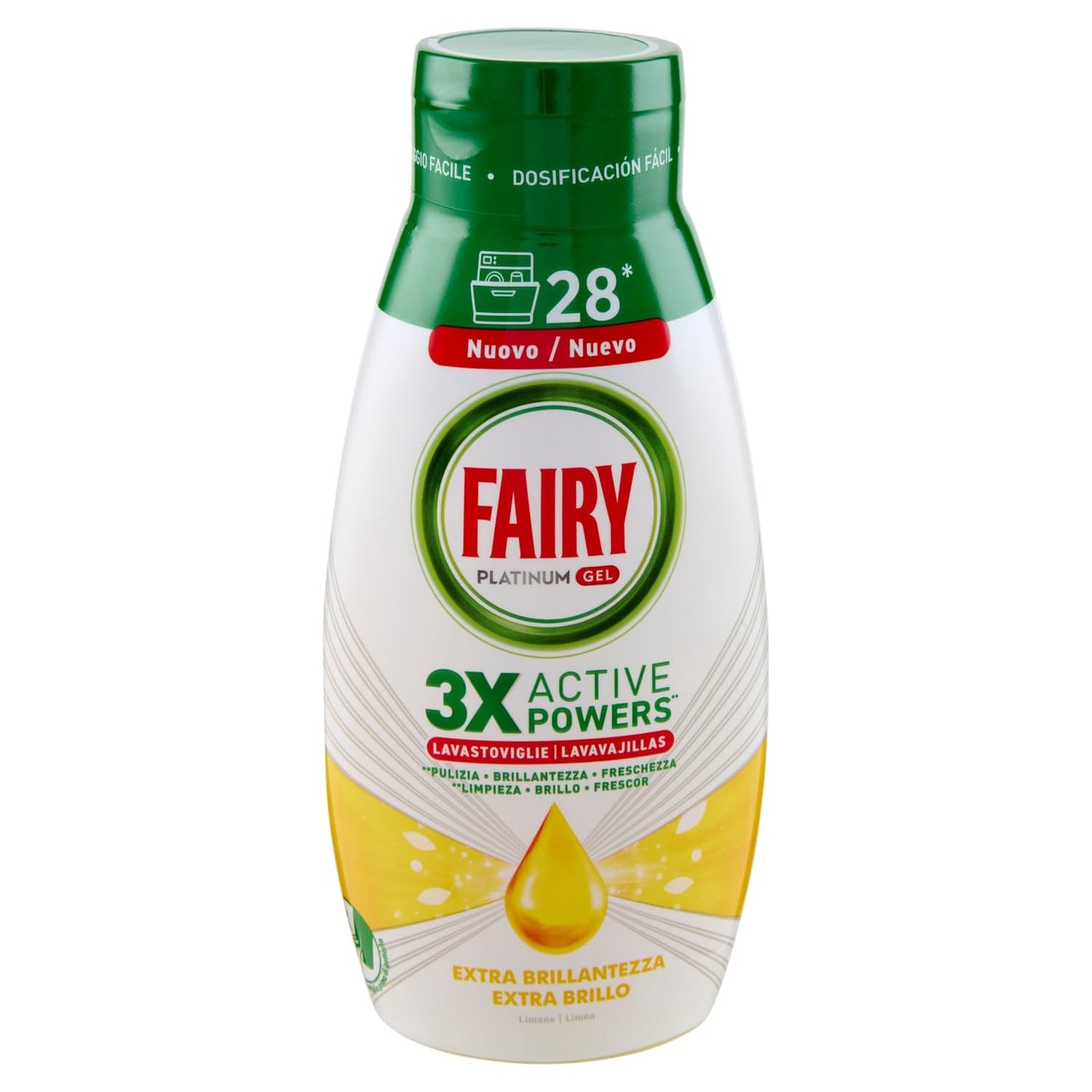 Fairy Gel Lavastoviglie Platinum Extra Brillantezza, Detersivo Piatti Limone 28 Lavaggi 504ml