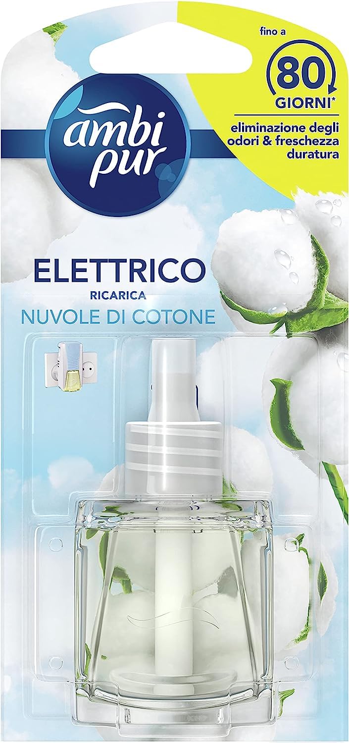 Ambi Pur Profumatore per Ambienti Profumo nuvole di cotone, 1 Ricarica per Diffusore Elettrico, Elimina Odori, Usare in Ogni Stanza, Durata fino a 80 Giorni di Profumo