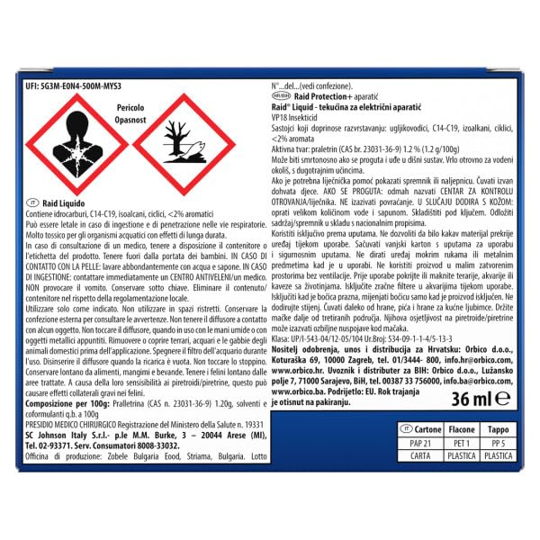 Raid Liquido Elettrico Protezione+ Antizanzare Comuni e Tigre, Inodore, Protezione Regolabile, Confezione da 1 Diffusore e 1 Ricarica 36ml, 60 Notti