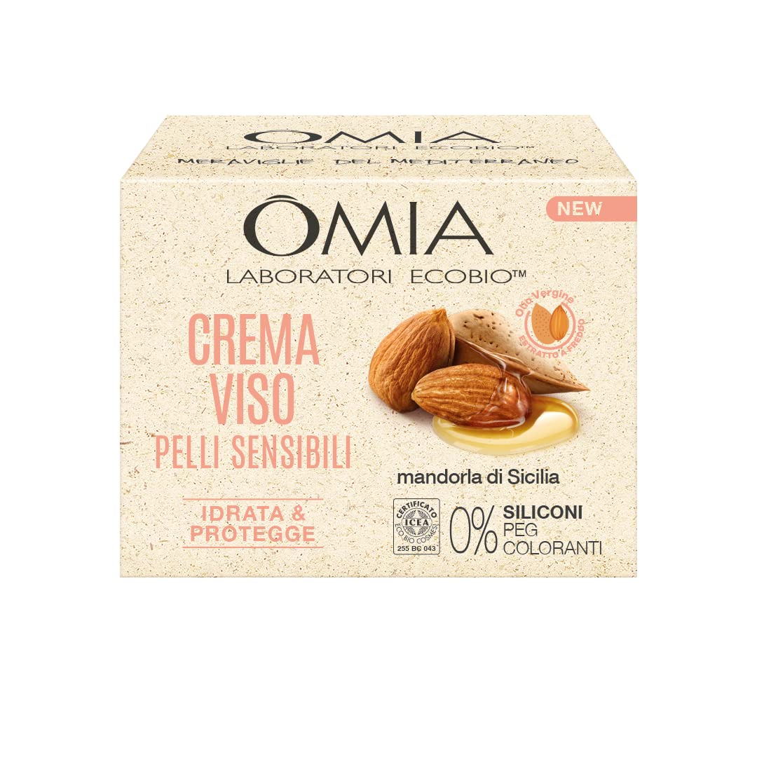 Omia, Crema Viso Idratante alla Mandorla di Sicilia, Idrata e Protegge la Pelle, Formula Lenitiva Senza Siliconi e Coloranti, Adatta a Pelli Sensibili, 75 ml