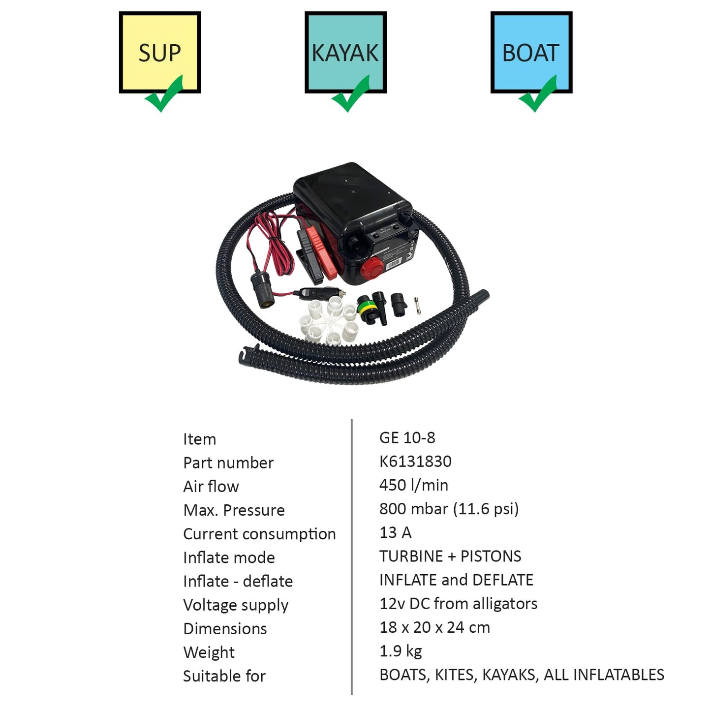Scoprega Bravo Gonfiatore GE10-8 12v 450 lt/min 800 mbar Gommoni, Gonfiabili trainabili, Kayak gonfiabili, Kite, SUP