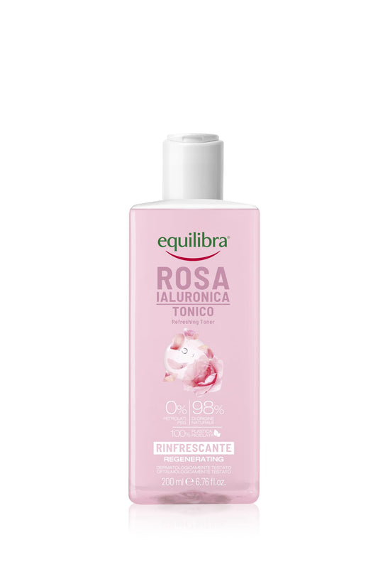 Equilibra, Tonico Rosa Ialuronica, Tonico Viso, Pelli Sensibili, con Estratto di Rosa Damascena, Acido Ialuronico Medio-Alto peso, Acqua di Hamamelis, e Fattore Idratante Naturale (NMF), 200ml