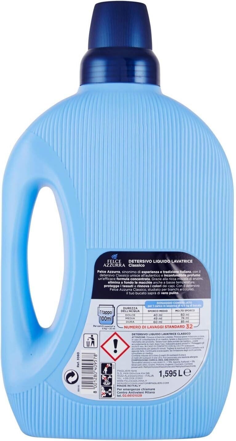 Felce Azzurra Lavatrice Classico, detersivo liquido per lavatrice efficace a freddo, per bianchi e colorati, 32 lavaggi, 1595 ml