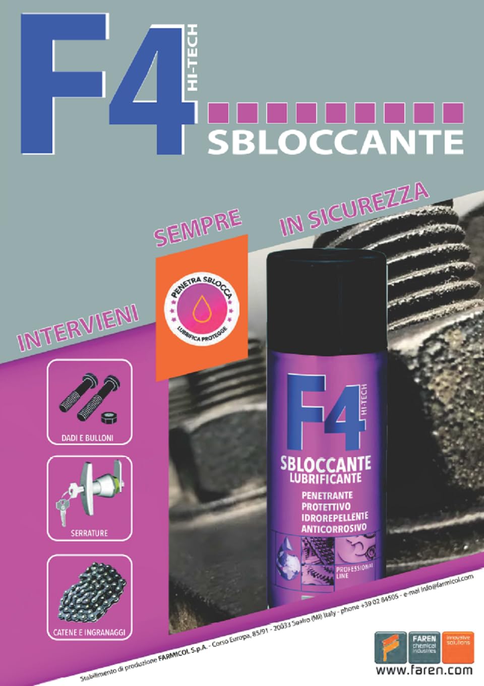 Faren F4, Sbloccante Lubrificante Multifunzione Spray,Penetrante, Idrorepelle, Anticorrosivo,ideale per bulloni, serrature,meccanismi da ruggine, ingranaggi etc., 400ml