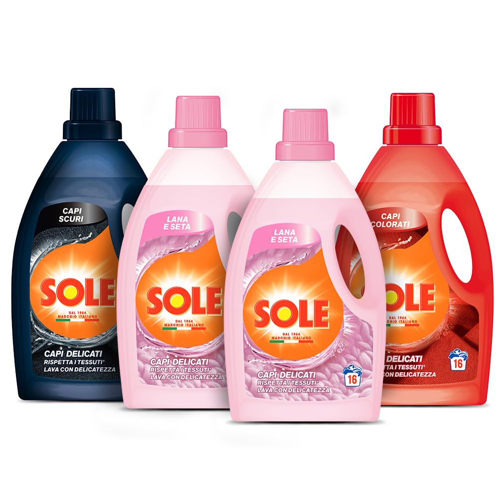 Sole Kit Detersivi Liquidi per Capi Delicati per Bucato a Mano e in Lavatrice: 2 Flaconi per Lana e Seta, 1 Flaconi per i Capi Scuri e 1 Flacone per i Capi Colorati, 4x1000 ml