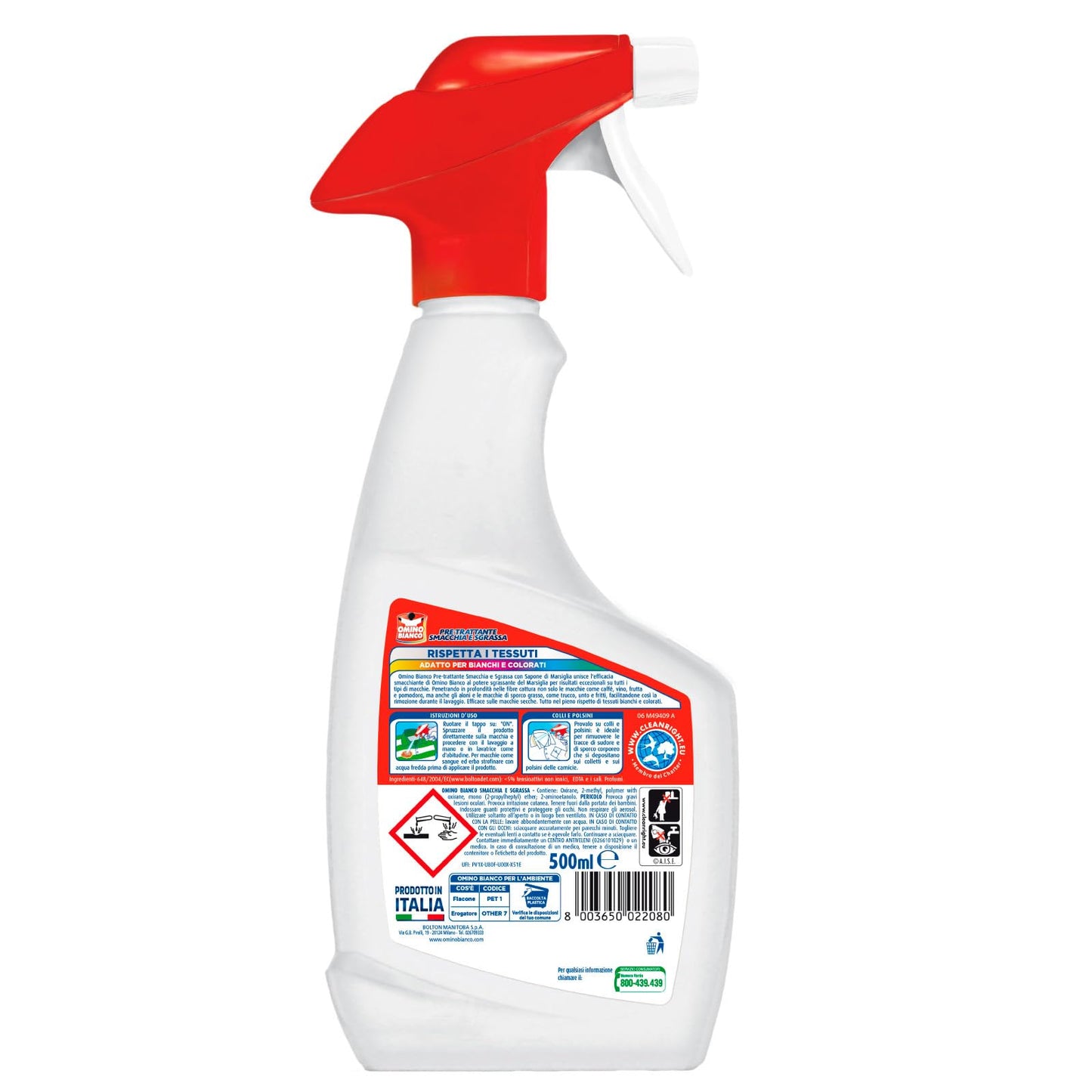 Omino Bianco - Smacchia e Sgrassa 2 in 1, Pre-Trattante Spray con Azione Smacchiante e Sgrassante, con Marsiglia, 2 Pezzi da 500 ml