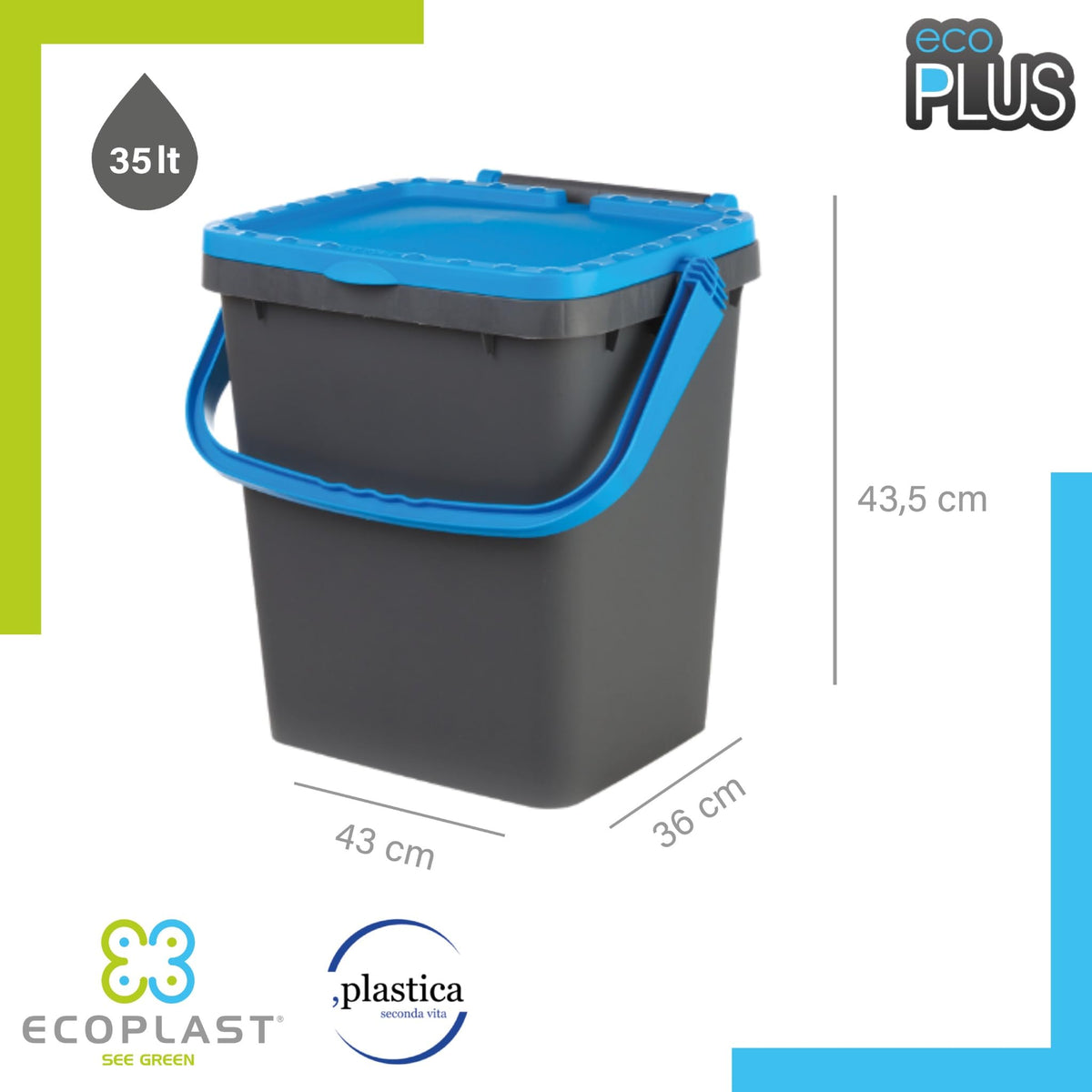 Ecoplast | Pattumiera per Raccolta Differenziata 35 Lt, Bidone Spazzatura in Plastica Riciclata, Giallo, 43x36x43,5, Made in Italy