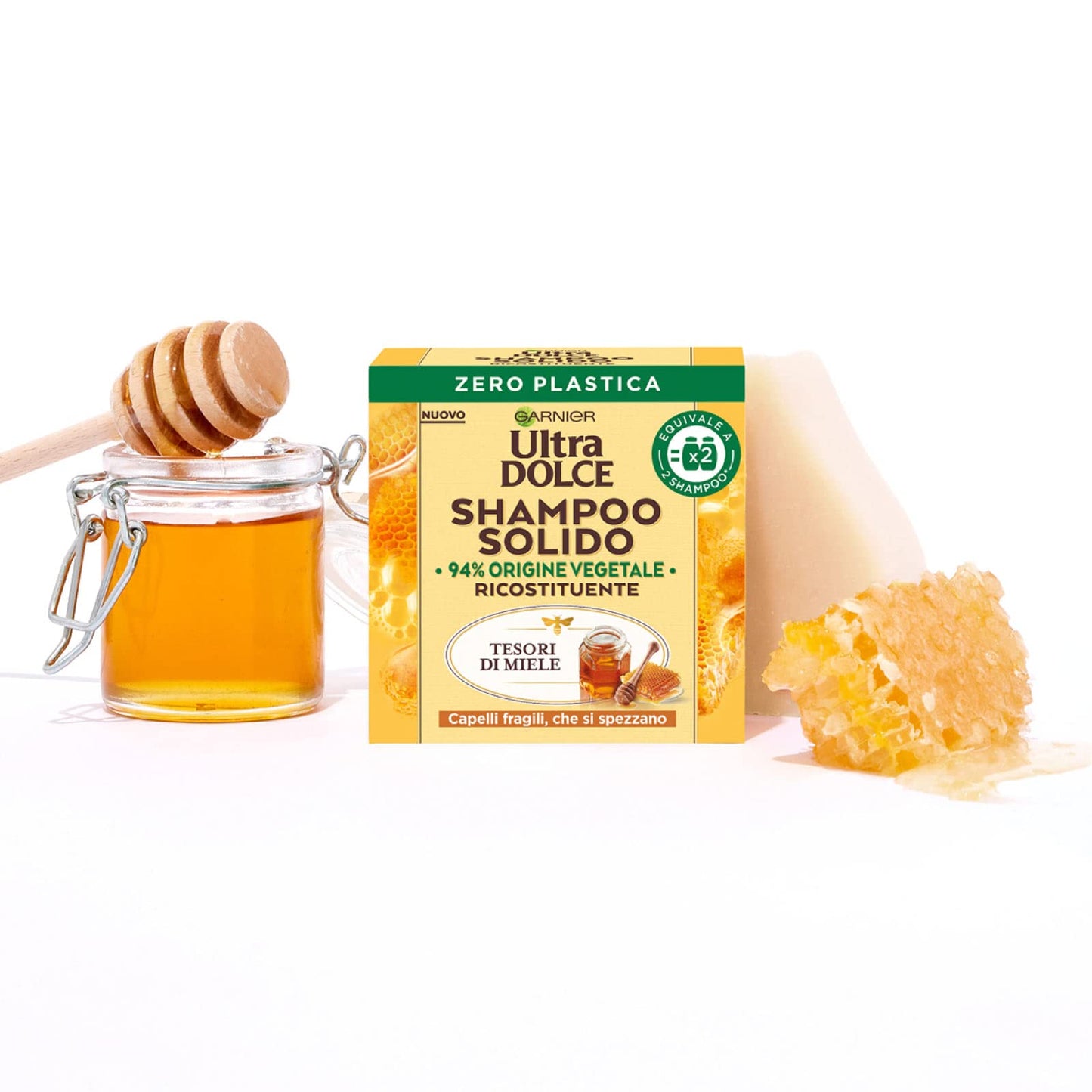 3x Garnier Ultra Dolce Shampoo Solido Ricostituente Tesori di Miele con Ingredienti di Origine Naturale per Capelli Fragili che si Spezzano - 3 Shampoo Solidi da 60g