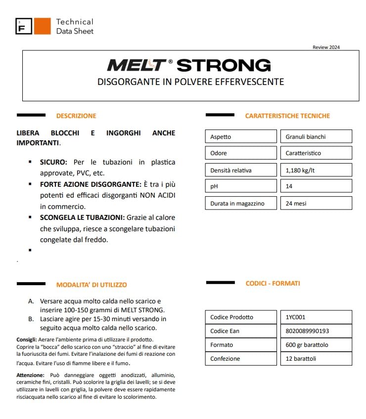Faren MELT STRONG, Disgorgante Granulare Effervescente,Stura Wc Lavandino,Elimina i cattivi odori, 600gr